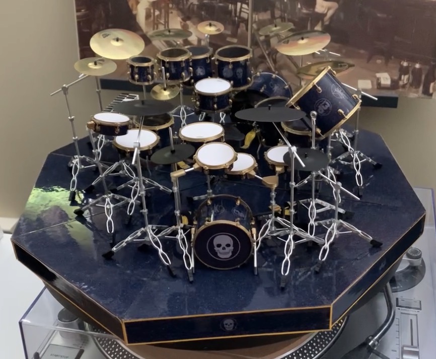 Miniature replica of Neil Peart’s R30 drum set.