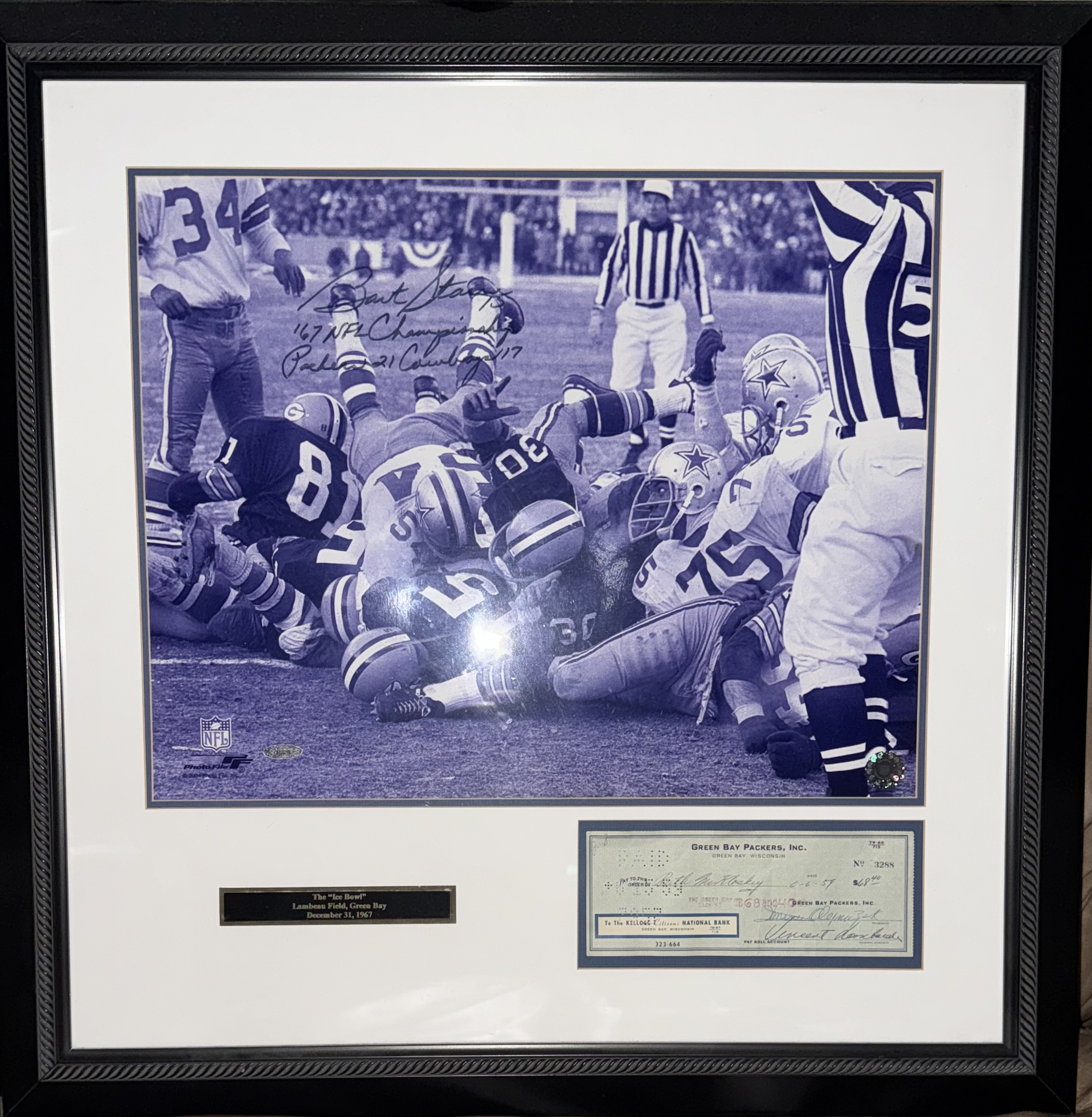 16x20 1967 Ice Bowl with signed Vince Lombardi check.