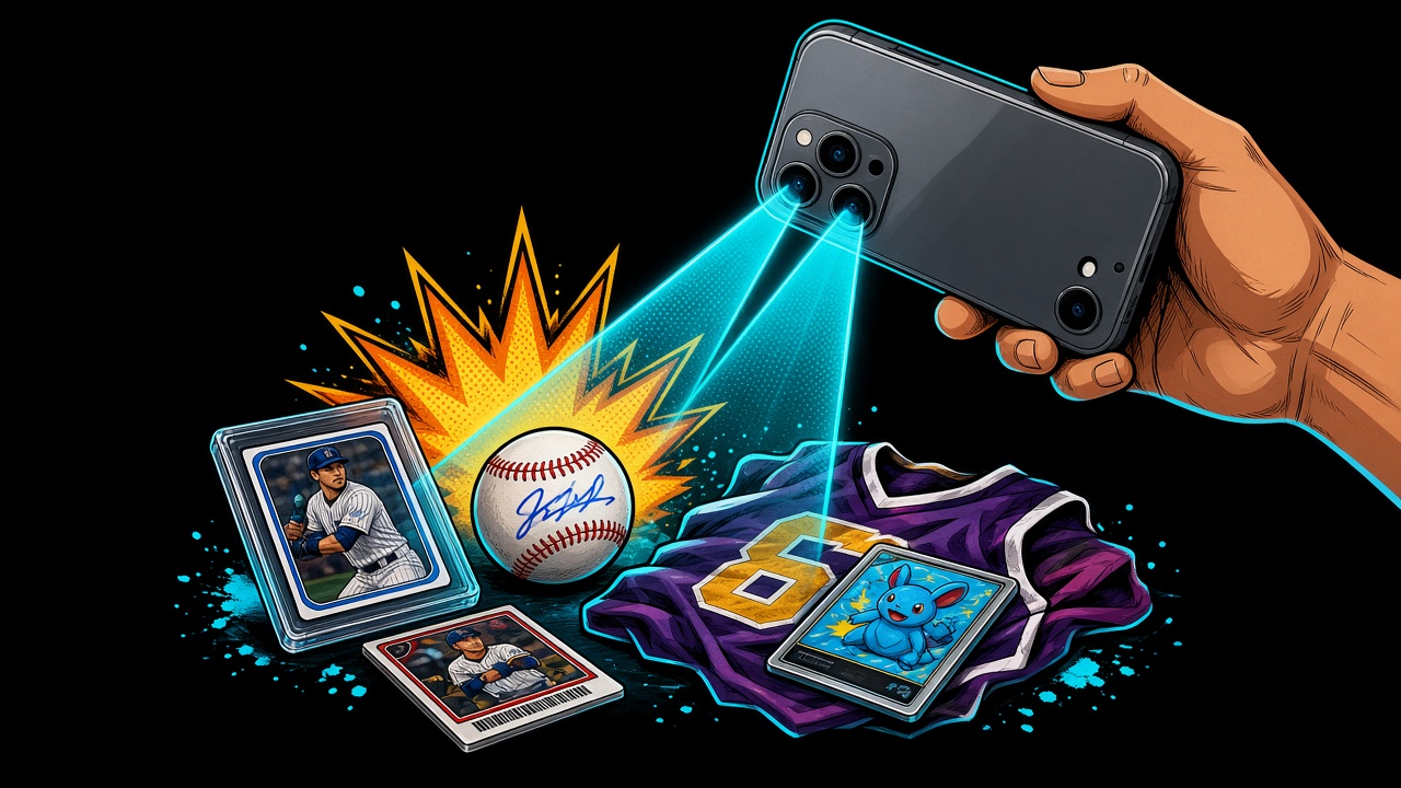 Hand holding a phone, its camera scanning cards, a signed baseball, and a jersey.